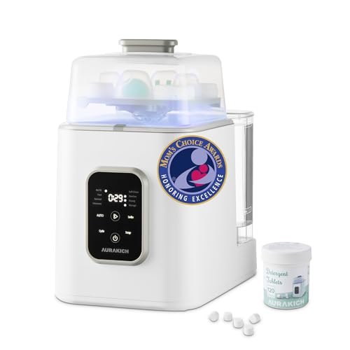 AURAKICH Baby Bottle Washer, Sterilizer & Dryer - All-in-One Pro Cleaning Machine with Fishbone Spray Arm, Self-Cleaning & AUTO Mode, Dual Water Inlet for Bottles, Breast Pump
