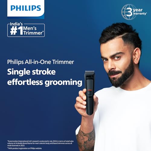 Philips India's No.1 Men's Trimmer| Self Sharpening Blades| Single Stroke Grooming I 9 in1 Face, Nose and Body I 3 year warranty | Powerful motor| I No Oil Needed I 60 min... - Image 2