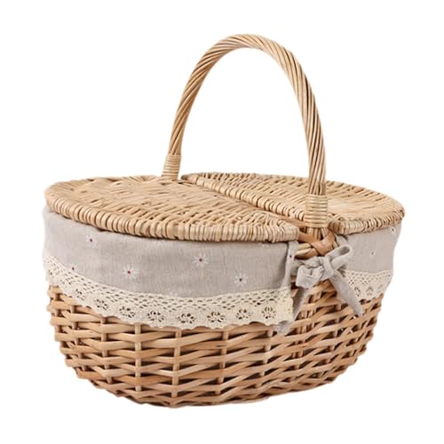 KESOTO Cesta de Mimbre para Picnic, Cesta Tejida de Mimbre con Tapa y asa, Cesta de Almacenamiento de Mimbre, Gris Beige, pequeño