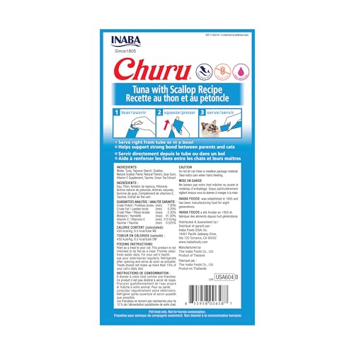 Image of INABA Churu Cat Treats, Grain-Free, Lickable, Squeezable Creamy Puree Cat Treat /Topper with Vitamin E & Taurine, 0.5 Ounces Each Tube, 4 Tubes, Tuna with Scallop Recipe