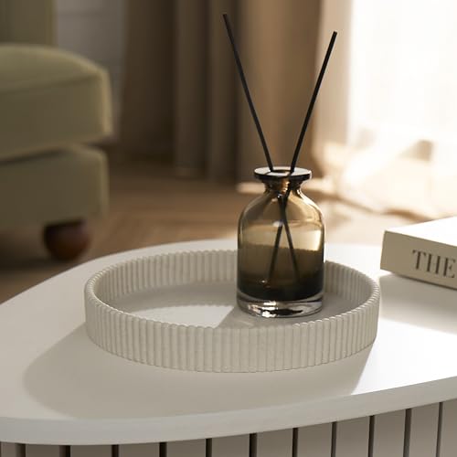 OHS Resin Round Decorative Tray Ribbed Coffee Table Tray Modern Bathroom Vanity Trays for Dresser Jewellery Toilet Tank Bedroom Kitchen Countertop Candle Holder Storage Organizer Cream