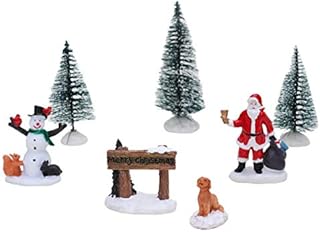 Toyland® Mini Resin Christmas Collectible Ornament - Village Scene Accessories - Christmas Figures (7pc Set Snowman, Santa, Tree' and Dog 10.5cm x 3cm)