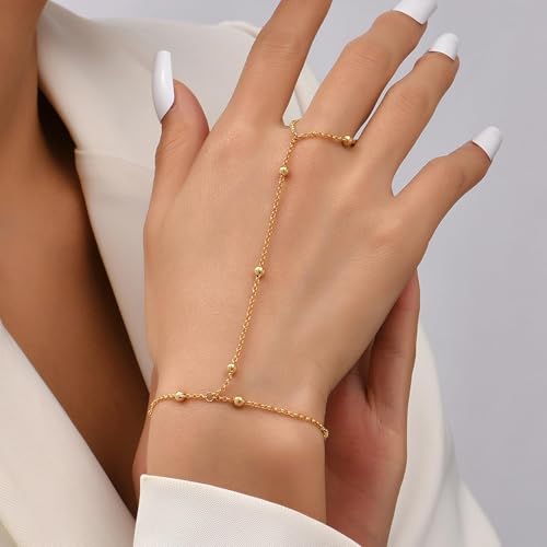 Image of Long tiantian Hand Chain Bracelet Gold Link Finger Ring Slave Bracelet