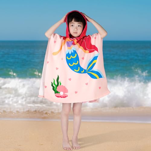 Image of growell Hooded Kids Beach Towels - Toddler Bath Towel Girls Boys Swim Cover-ups for Ages 1 to 6 Kids Pool Towels Quick Dry Lightweight Soft Microfiber Poncho Towel 24x23(Mermaid Pink)