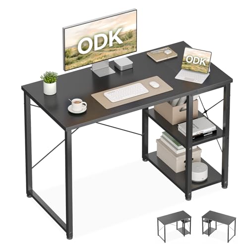 ODK Escritorio Gaming con Estantería Reversible, 100x48cm Mesa Escritorio con Estantes de Almacenamiento, Mesa Gaming Mesa Ordenador para en Casa, Estudio y Gaming, Negro