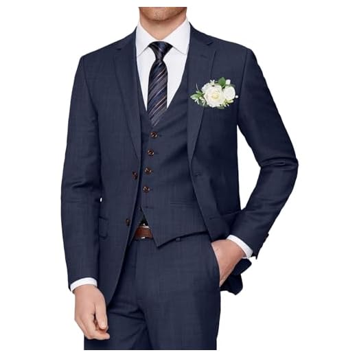 Conjunto de terno masculino de 3 peças slim fit com 2 botões, conjunto formal de smoking blazer e calça, Azul marinho, G
