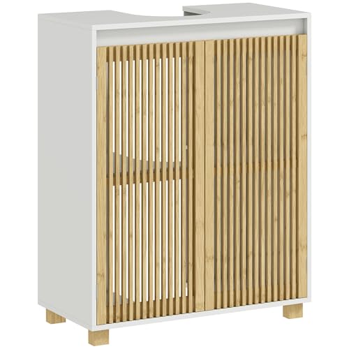 HOMCOM Mobile da bagno mobile contenitore per lavabo - armadio con ante a doghe in bambù, 60 x 30 x 75 cm, effetto legno naturale