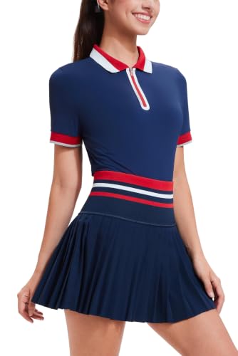 Image of Tennis Skirt Sets for Women Zipper Color Block High Waisted Golf Polo Two Piece Skirt Set Women 2 Piece Outfits