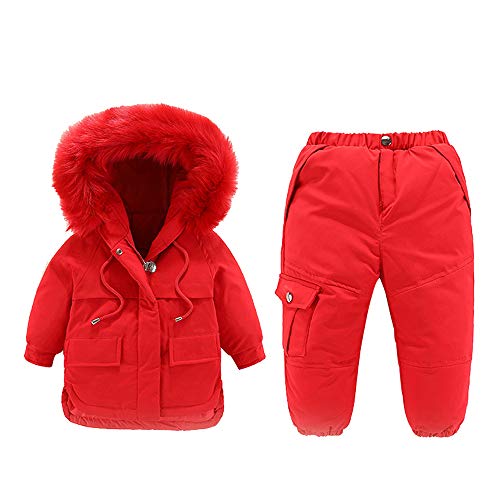 Ding-dong Baby Kid Boy Girl Winter Waterproof Hooded Fur Down Parka Puffer Jacket+Snow Pants 2-Piece Set(Red,18-24M)