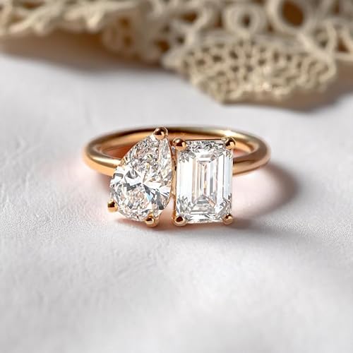 4 CT Yellow Gold Toi Et Moi Engagement Ring | Pear and Emerald Cut Moissanite | Vintage Two-Stone Ring | Unique Bridal Jewelry4