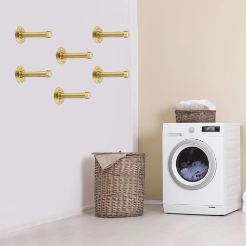 BTSKY 6 Pack Clothes Rack with Screws, 6 Inch Metal Industrial Pipe Clothes Bars for Hanging Clothes, Heavy Duty Wall Mounted Clothing Hanging Rod Shelving Brackets for Laundry Room Retail Store, Gold