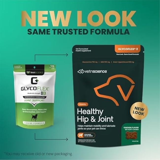 VetriScience Healthy Hip & Joint Chews, GlycoFlex Glucosamine and Green-Lipped Mussel Joint Support Supplement for Dogs, Promote Mobility and Protect Joints, Chicken, 120 Count-e38JdlIU