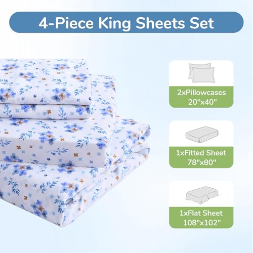 Image of MUXHOMO King Size 4 Piece Sheet Set, Soft & Breathable Sheet for Bedroom with Deep Pocket Up To 16 inch, Wrinkle-Free & Cooling Bed Sheets with Flat Sheet, Fitted Sheet & Pillowcases - Shattered Bluebells