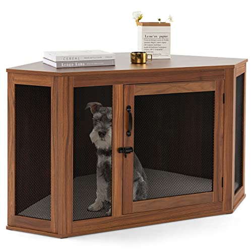 COSTWAY Cage pour Chien Intérieur XXL, Cage d’Angle pour Animaux de Compagnie avec Porte Verrouillable, Coussin, Treillis Métallique, Niche Chien Caisse...