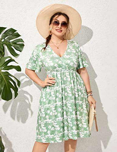 Image of ShopWonder Plus Size Dress Women's V Neck A-Line Knee Length Wrap Swing Dresses Plus Size A Line Party Mini Dress