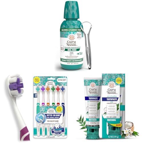 GuruNanda Oral Care Bundle: Fresh Breath Mouthwash (16 oz) with 7 Essential Oils, Butter On Gums Toothbrush (6 ct) for Sensitive Gums & Hydroxyapatite Toothpaste (4.2 oz) for Whitening image 2