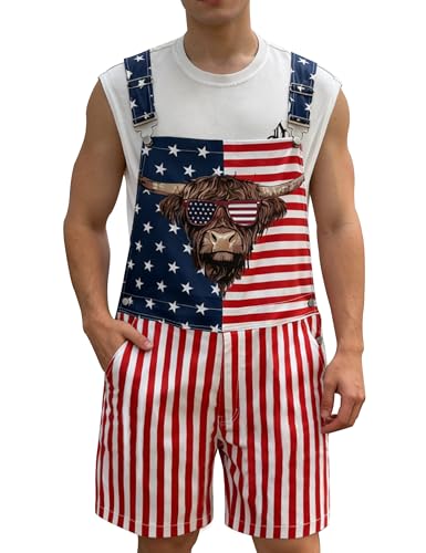 Bindefon Bibs Overalls Men Adjustable Straps Coveralls Shorts Printed Jumpsuit Male Romper(Red White and Blue L)