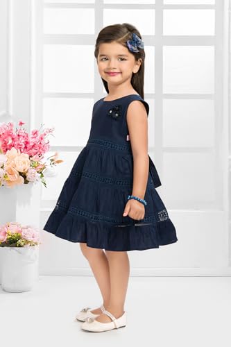 Image of Soft Cotton Lace Work Knee Length Fit & Flare Dress for Kids & Girls, Flower Embellished Frock for Casual & Special Occasion
