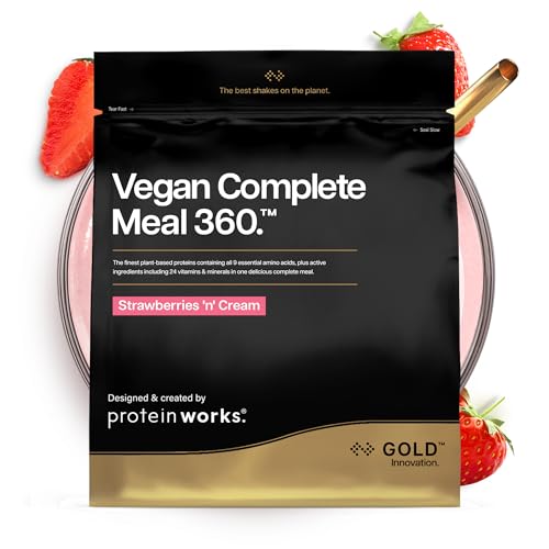 Protein Works | Vegan Complete Meal 360 – GOLD Innovation, preisgekrönter veganer Mahlzeitenersatz-Shake, hochwertige pflanzliche Zutaten, Vitamine & Mineralien, Erdbeer-Sahne, 5 Mahlzeiten, 500g
