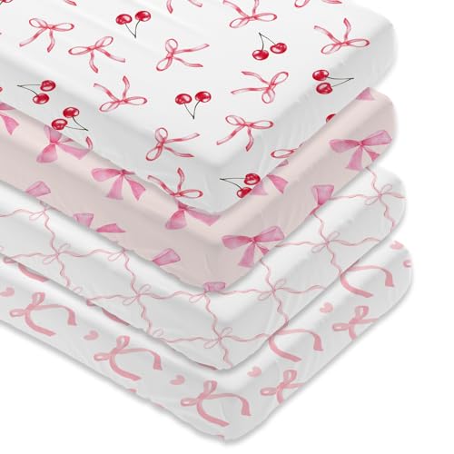 4 Pack Pink Bow Crib Sheet Set for Baby Girl, Soft Breathable Fitted Crib Sheet 28 x 52 in, Nursery Decor for Standard Crib and Toddler Bed Mattresses