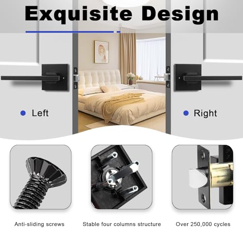Image of Orger 2 Pack Square Interior Door Handle Bedroom Bathroom Privacy Door Lever, Matte Black Interior Door Lock for Left & Right Side Doors, Modern Keyless Privacy Door Handle Stainless Steel