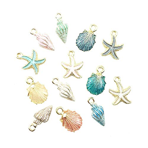 Yevison 13pcs Starfish Conch Sea Shell Pendants Mixed Random DIY Charms Sea Necklace Pendant for Women Jewelry Handmade Nautical Ocean Shell Enamel Craft Accessory