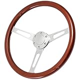 TEMSONE 15' Wood Steering Wheel Grain Billet Polished 3 Spokes, 2.1' Deep Dish Universal Classic Vintage Nostalgia Style Finger Grip Wooden Steering Wheel with 6 Bolts Horn Button (Long Hole)