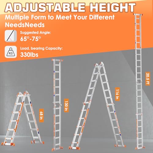 Image of LEVELEVE Telescoping A Frame Ladder, 22FT Multi Position Ladder with Stabilizer Bar & Wheels,330 lbs Security Load for Stairs Home Indoor Outdoor Roof