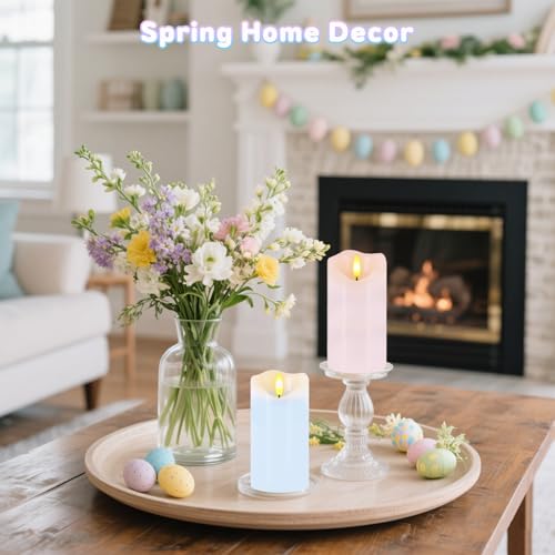 Image of Flameless Candles Light, Set of 2 6 inchx3 inch Flickering Pastel Spring LED Candles with Remote & Timer, Dimmable Real Wax Easter Pillar Candles Battery Operated for Home Spring Easter Decor (Pink Blue)