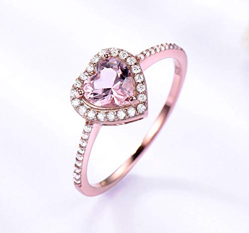 SHIJING Anillos de Color Rosa Morganite para la joyería de Regalo del día de Las Mujeres Finas de Plata Anillo de Compromiso de la Boda del corazón 925 de la Banda de San Valentín,7