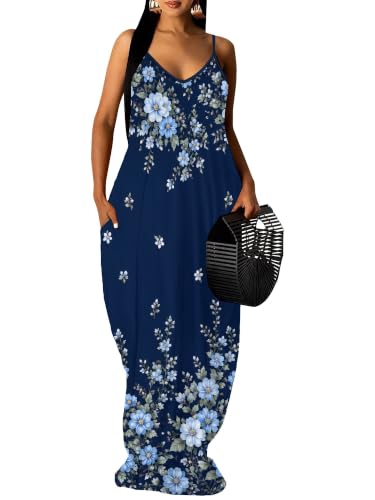 Image of Women's Summer Maxi Dress Spaghetti Strap Floral Boho Beach Long Sundress with Pockets
