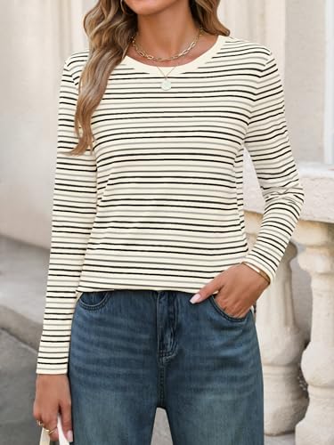 MEROKEETY Women's 2025 Long Sleeve Top Blouse Fall Casual Trendy Colourful Striped Crewneck Loose Shirts2