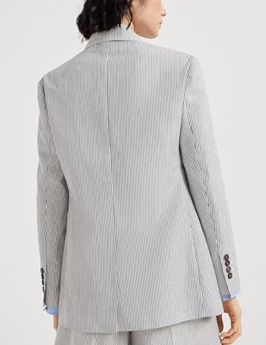 Women's Seersucker Stripes Blazer for Work Office Double Breasted Peak Lapel Lightweight Business Jackets2