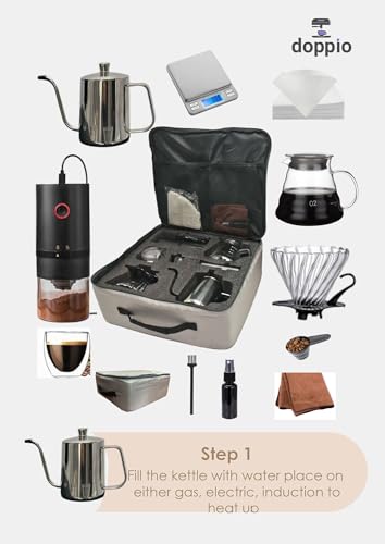 Image of DOPPIO 11-Piece Pour Over Coffee Maker Set - Complete Home Barista Kit with Gooseneck Kettle, Grinder, Dripper & Carry Case | Manual Brewing Set for Fresh & Rich Coffee Anywhere