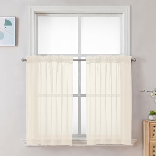 Image of Chyhomenyc Cream Sheer Curtains 36 inch Length 2 Panels Set, Light Filtering Voile Short Window Curtians for Bathroom Living Room Farmhouse Small Windows, Each 42Wx36L in, 2PCS