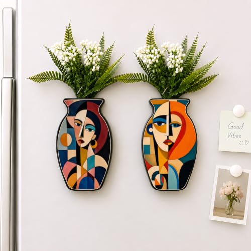 Image of Regalo Casila Abstract Woman Face Art Magnetic Artificial Flower Vase Fridge Magnets Set of 2 Colorful Geometric Modern Refrigerator Kitchen Home Office Decor Gift