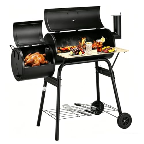 COSTWAY Charcoal BBQ Grill Trolley with Wheels, Shelves & Thermometer for Outdoor Cooking & Camping (2 Cooking Areas)