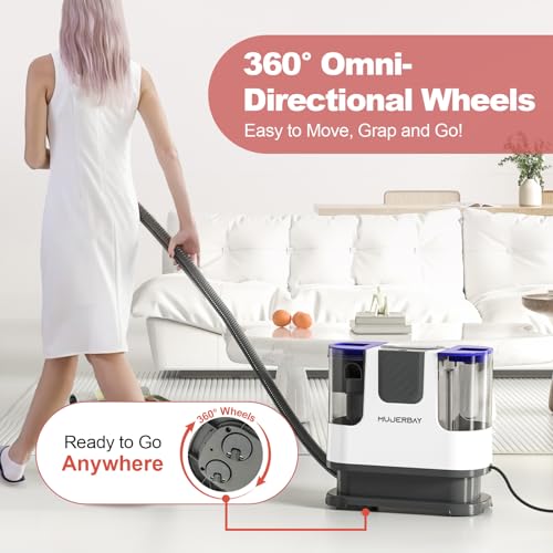 Upholstery Carpet Cleaner, MUJERBAY® 12Kpa Portable Spot and Stain Cleaner, Easy Move with Universal Wheels & Handle, 1.18-inch Deep Cleaning Machine for Couch, Stairs, Car and Pet Messes. Blue