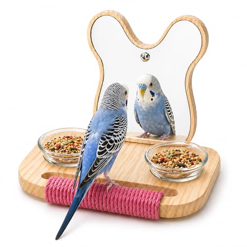 Image of Bird Mirror with Perch and Feeder, Wooden Birds Toys Bird Cage Accessories for Parrots to Expend Energy, Interactive Toys for Greys Amazons Parakeet Cockatiel Conure Lovebirds Finch Canaries