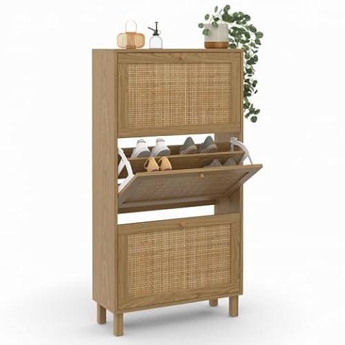 IDMarket - Meuble à chaussures 18 paires vintage HANAE 3 portes effet naturel cannage