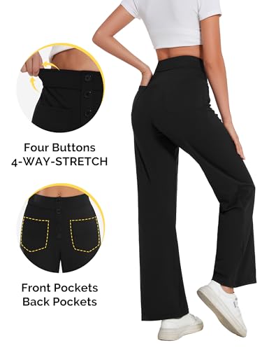 Desol Hosen Damen Stoffhose Weites Bein, Hoher Taille Sommerhose Damen Leitch Anzughose,Dehnbare Palazzo Hose mit Mehreren Taschen