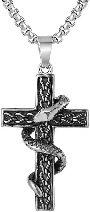 VIENStainless Steel Cross And Snake Animal Punk Pendant Necklace Box Chain for Men and Womens