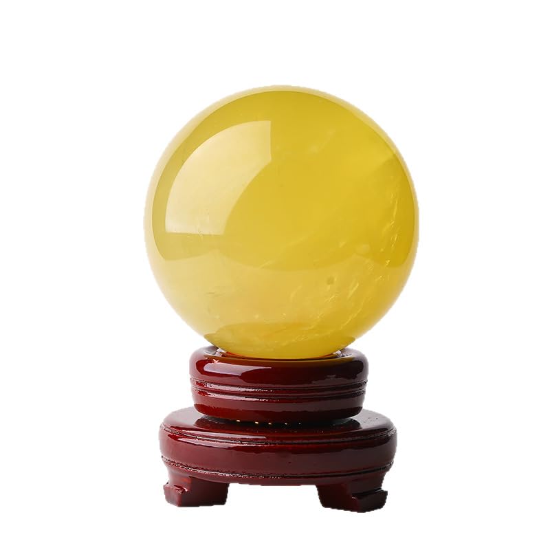 Bola de Esfera de Cristal Amarillo Natural con Soporte de Madera – Globo de Piedras Preciosas pulidas para decoración