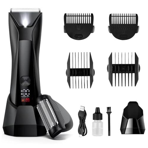 COUZINNI 2-in-1 Groin & Body Hair Trimmer for Men–Dual-Head Trimmer & Foil Blades, Waterproof Wet/Dry Groomer for Men with Standing Recharge Dock, USB-C Rechargeable, Men’s Ball Shaver Gift