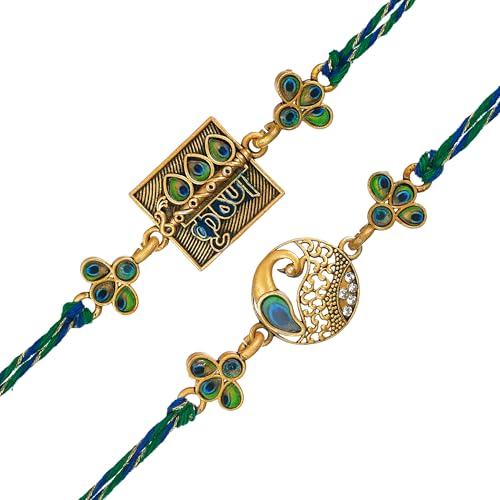 Image of eCraftIndia Beautiful Peacock Feather Lord Krishna Designer Rakhi Set of 2 | Rakhi for Brother Bhaiya Bhai with Best Bro Ever Fridge Magnet | Roli Chawal Pack