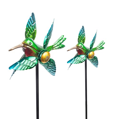 WONDER GARDEN Wind Spinners Outdoor - 2 Pack Small Metal Hummingbird Green Wind Spinner Windmill, Wind Sculpture for Yard Patio Lawn Decor