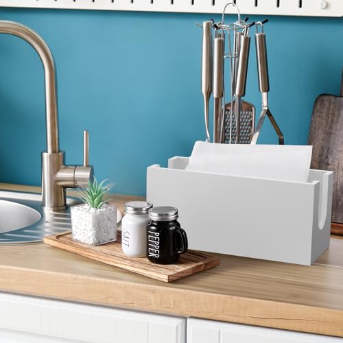 Paper Towel Dispenser Wall Mount, Wooden Bathroom Paper Towel Holder with Lid for Home and Commercial, Countertop C-Fold, Z-Fold, Trifold Paper Hand Towel Dispenser for Kitchen Office, White