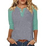 Womens 3/4 Sleeve Tops Cotton Summer Color Block Raglan Vneck Tshirts Shirts Cute Button Layering Three Quarter Length Blouses Country Concert Outfits 3/4 Sleeve T Shirts for Women 2025, Cyan, S