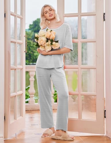 Image of Ekouaer 2 Pack Womens Pajamas Sets Short Sleeve Long Pants Pjs Lounge Set