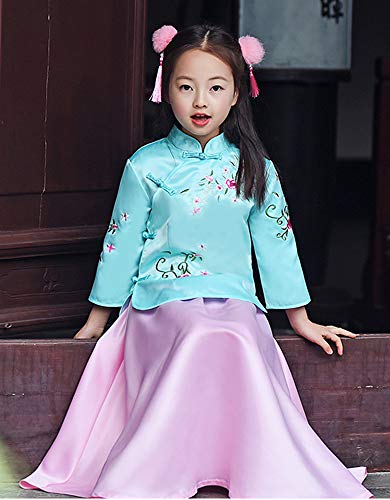 Image of CRB Fashion Chinese Qipao Kids Girls Top Shirt Skirt Dress Clothing Hair Clips Outfit 4 PIECE SET (Pink Purple, 7 to 8 Years)